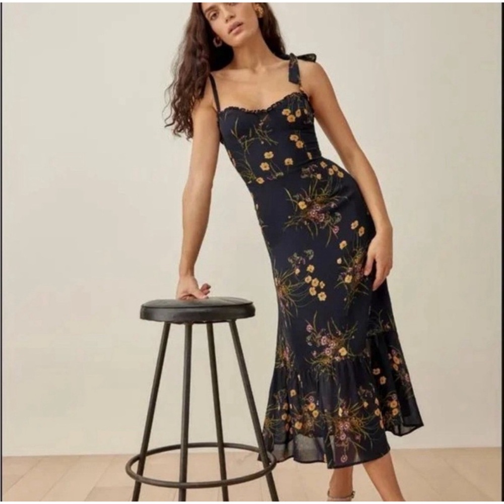 Reformation Nikita Corset Midi Dress In Mademoiselle Navy Floral
